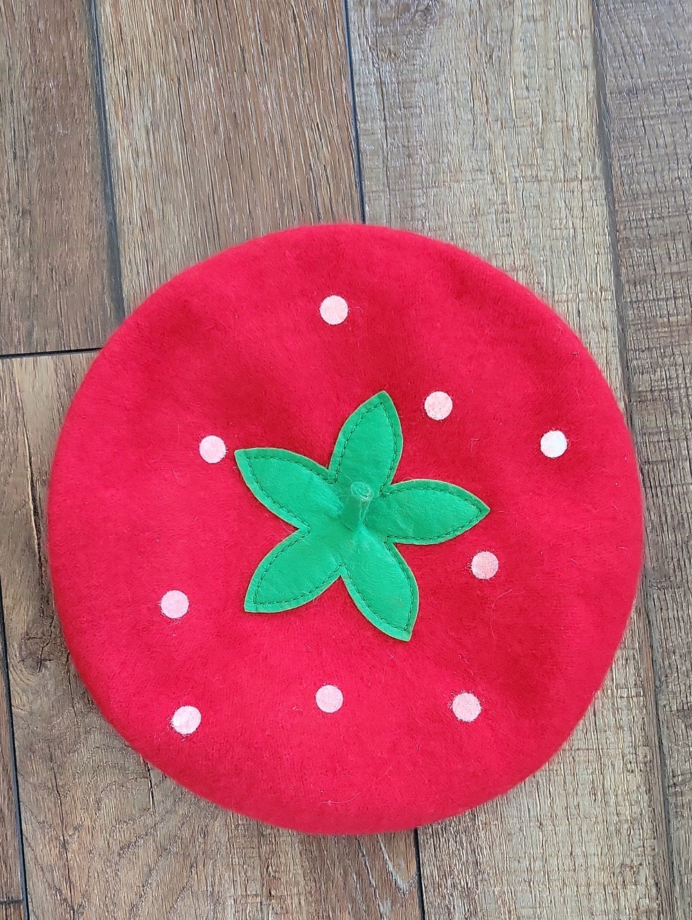 Strawberry Red Felt Beret with Green Leaf Accent
